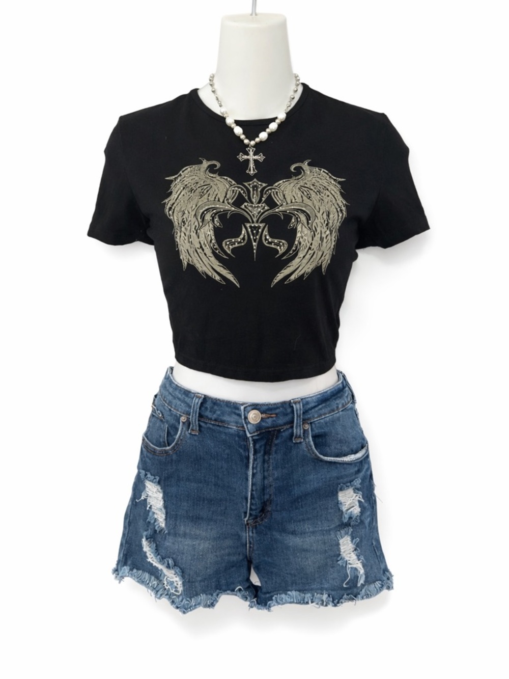Black Angel Wings Graphic Crop Top Y2K Grunge Style Size L